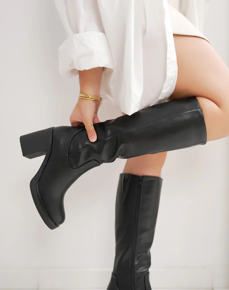 Sky - Wysokie Czarne Botki na Obcasie