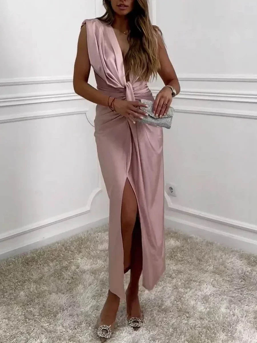 HALINA | ELEGANCKA SUKIENKA MIDI Z ROZCIĘCIEM I DRAPOWANIAMI