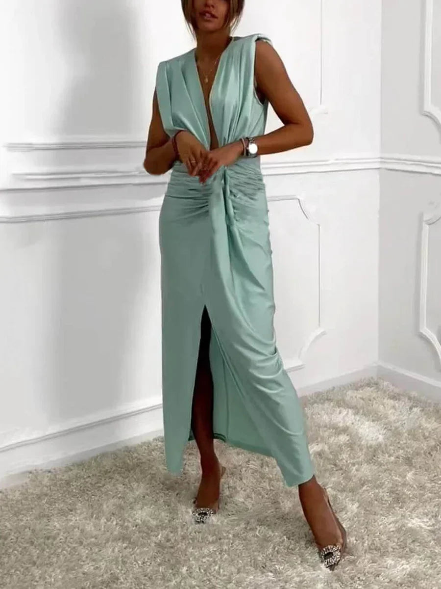 HALINA | ELEGANCKA SUKIENKA MIDI Z ROZCIĘCIEM I DRAPOWANIAMI