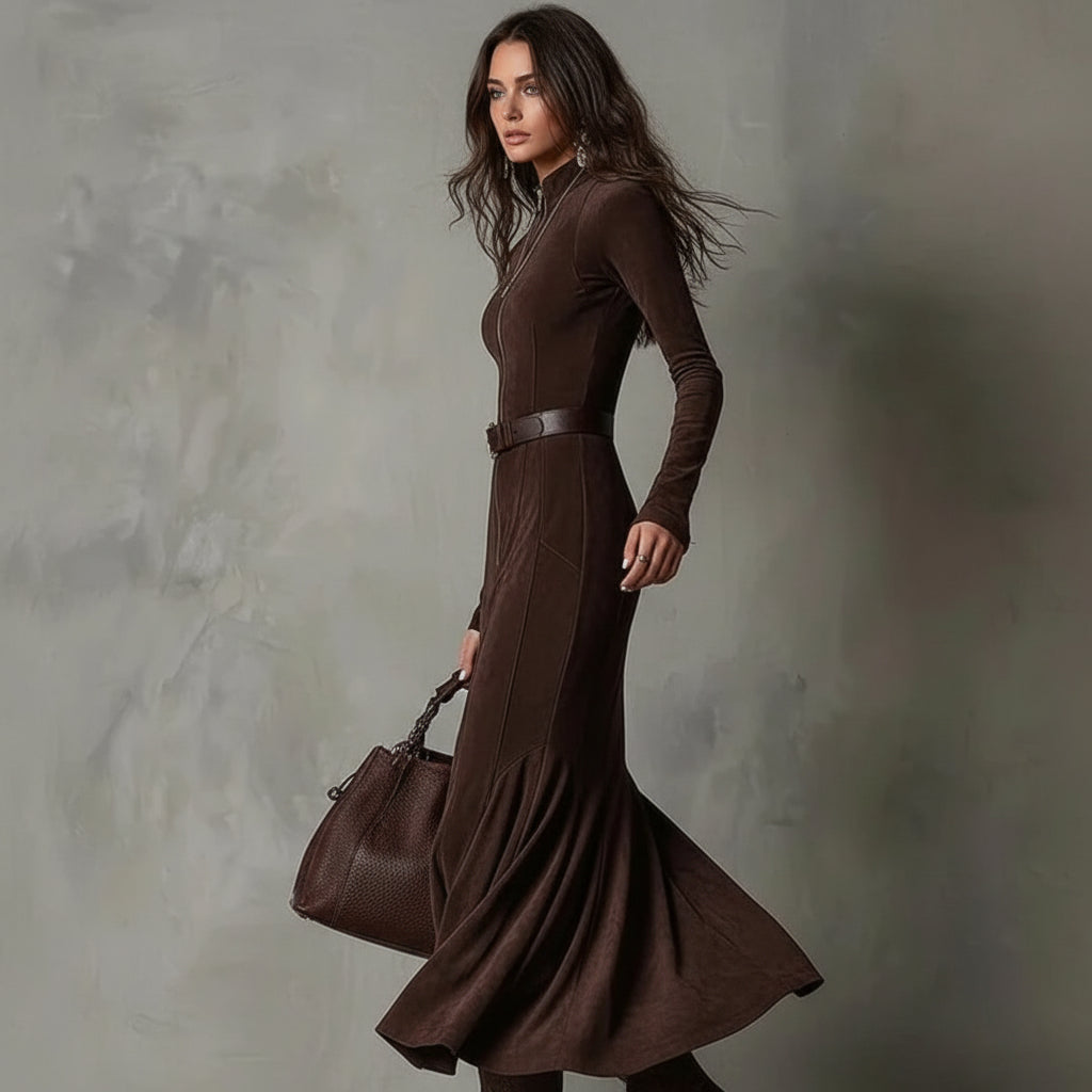 Julina | Elegancka Długa Sukienka z Imitacji Zamszu