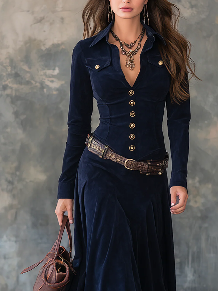 Vintage Flap Pocket Polyester Suede Maxi Dress (S z paskiem)